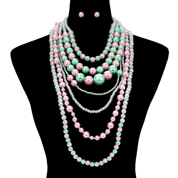 AKA Sorority Pink Green 7 Strand Pearl Necklace Set - Picture 3 of 7